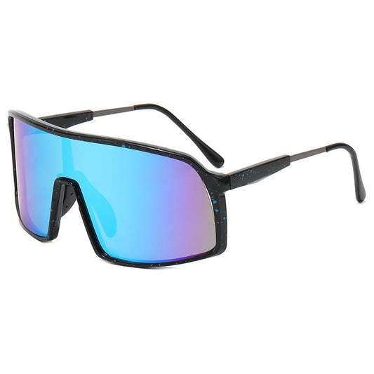 Sunglasses with blue and purple reflective lenses on a white background