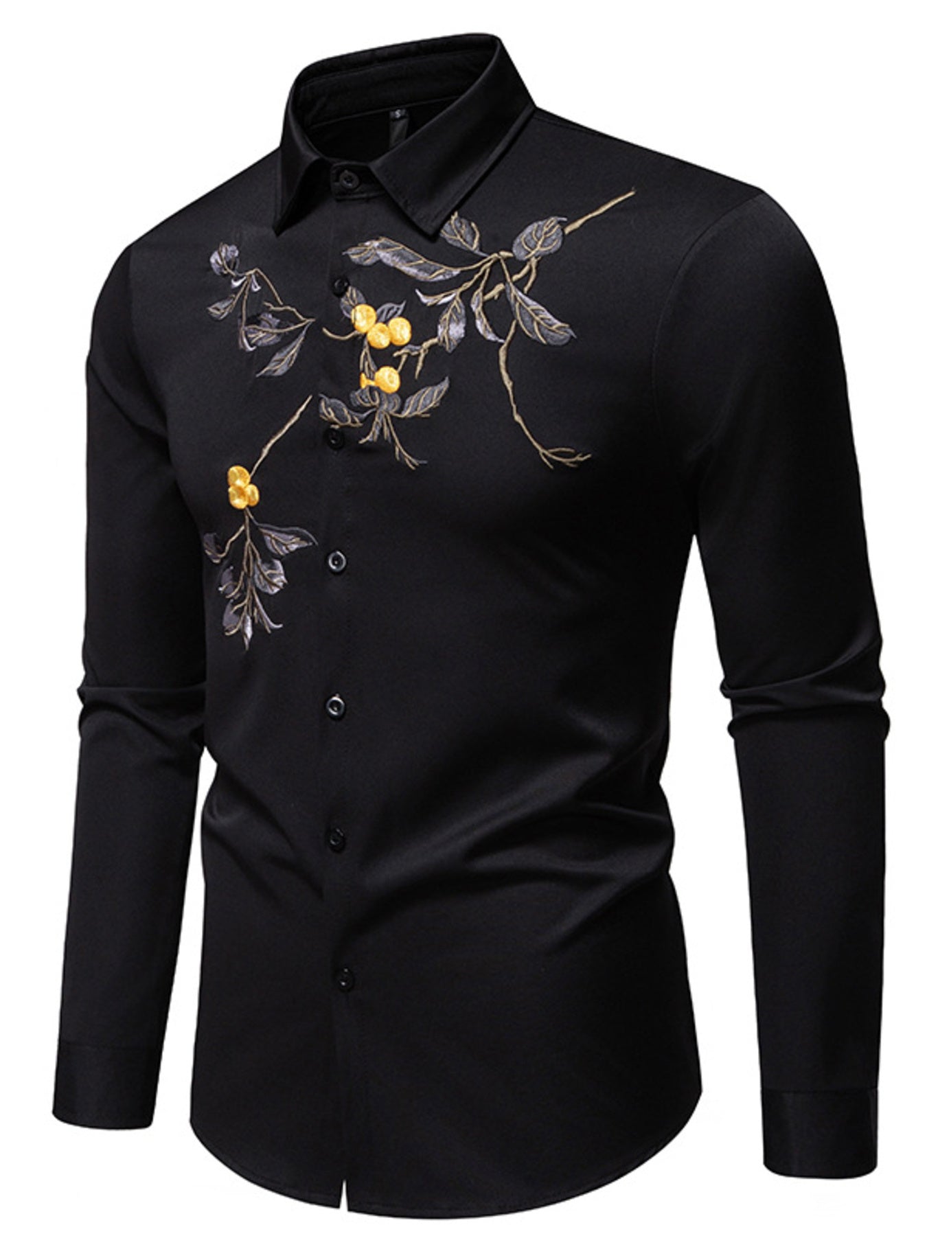 Black shirt with floral embroidery on a white background