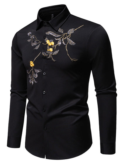 Black shirt with floral embroidery on a white background