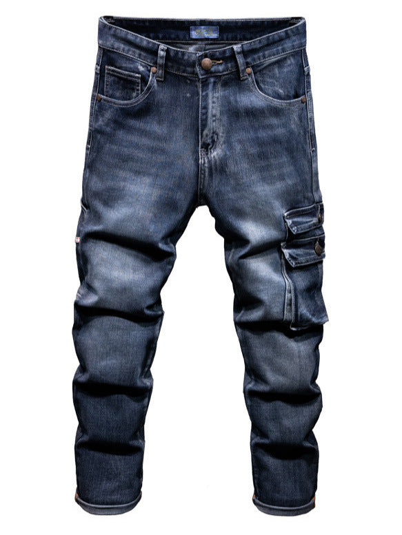 Blue jeans with cargo pockets on a white background
