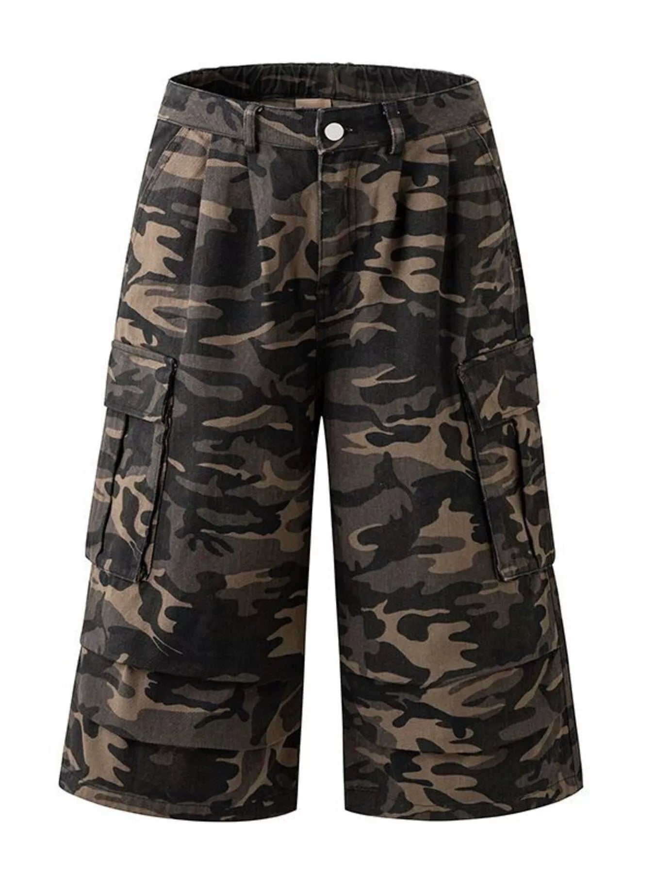 Camouflage cargo shorts on a white background