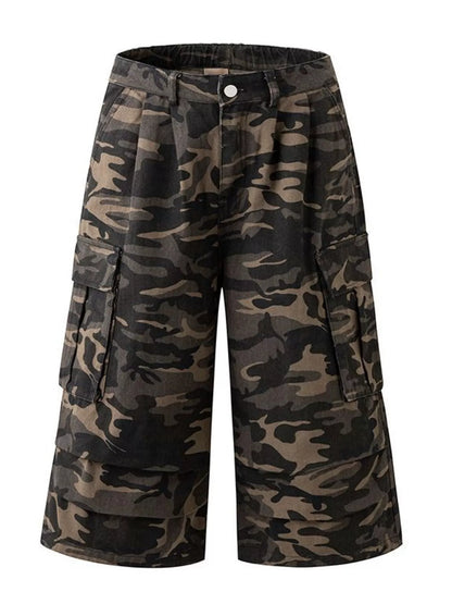 Camouflage cargo shorts on a white background