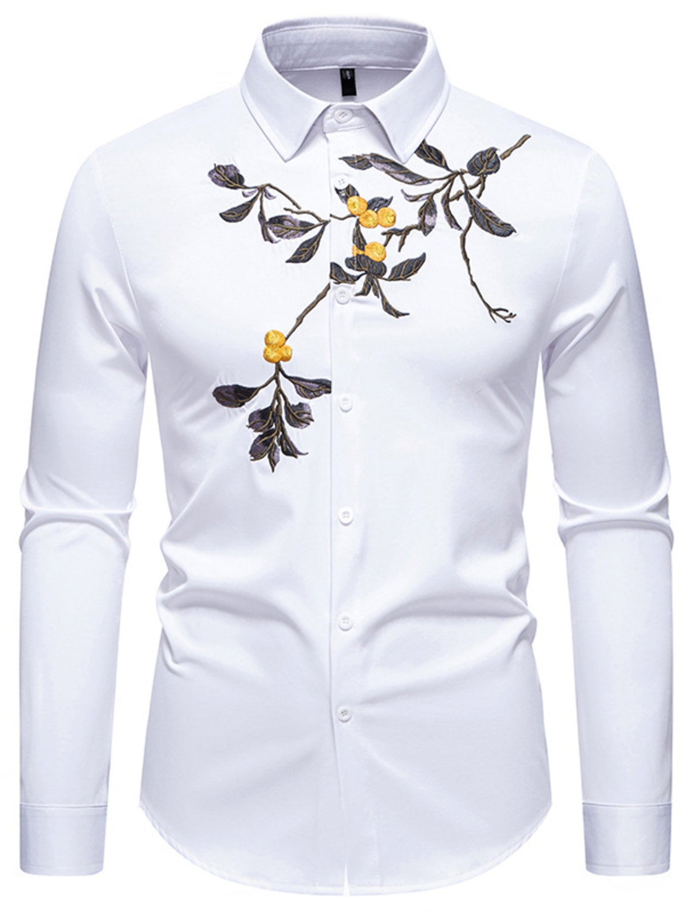 White dress shirt with floral embroidery on a white background