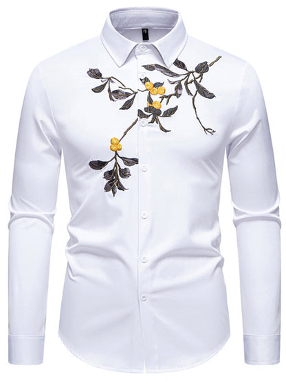 White dress shirt with floral embroidery on a white background