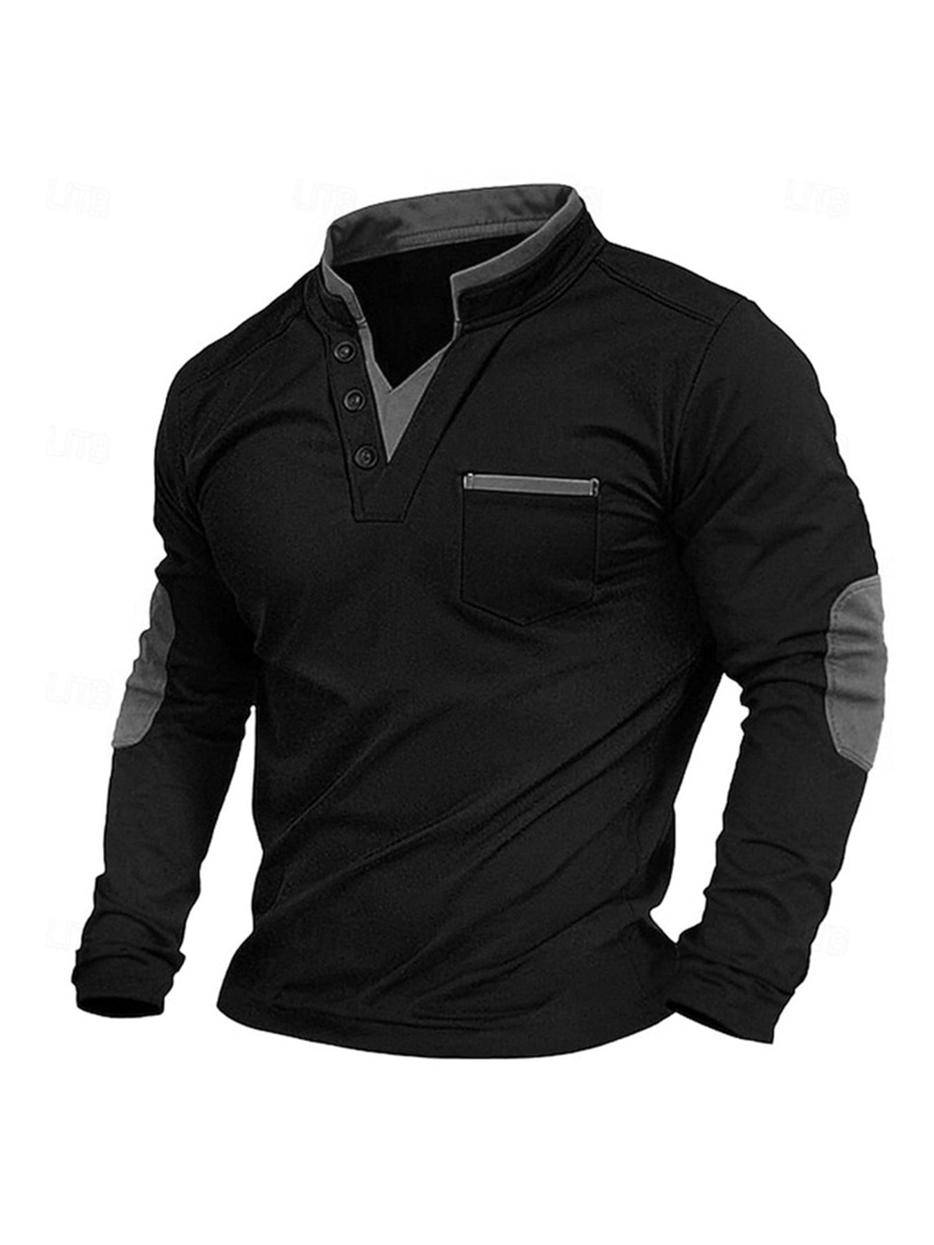 Black long-sleeve shirt with gray accents on a white background