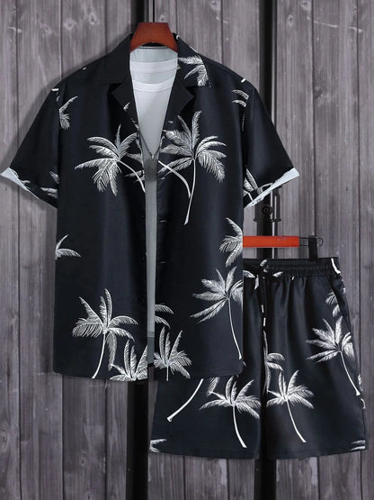 Black tropical shirt and shorts set with palm tree pattern on a wooden background