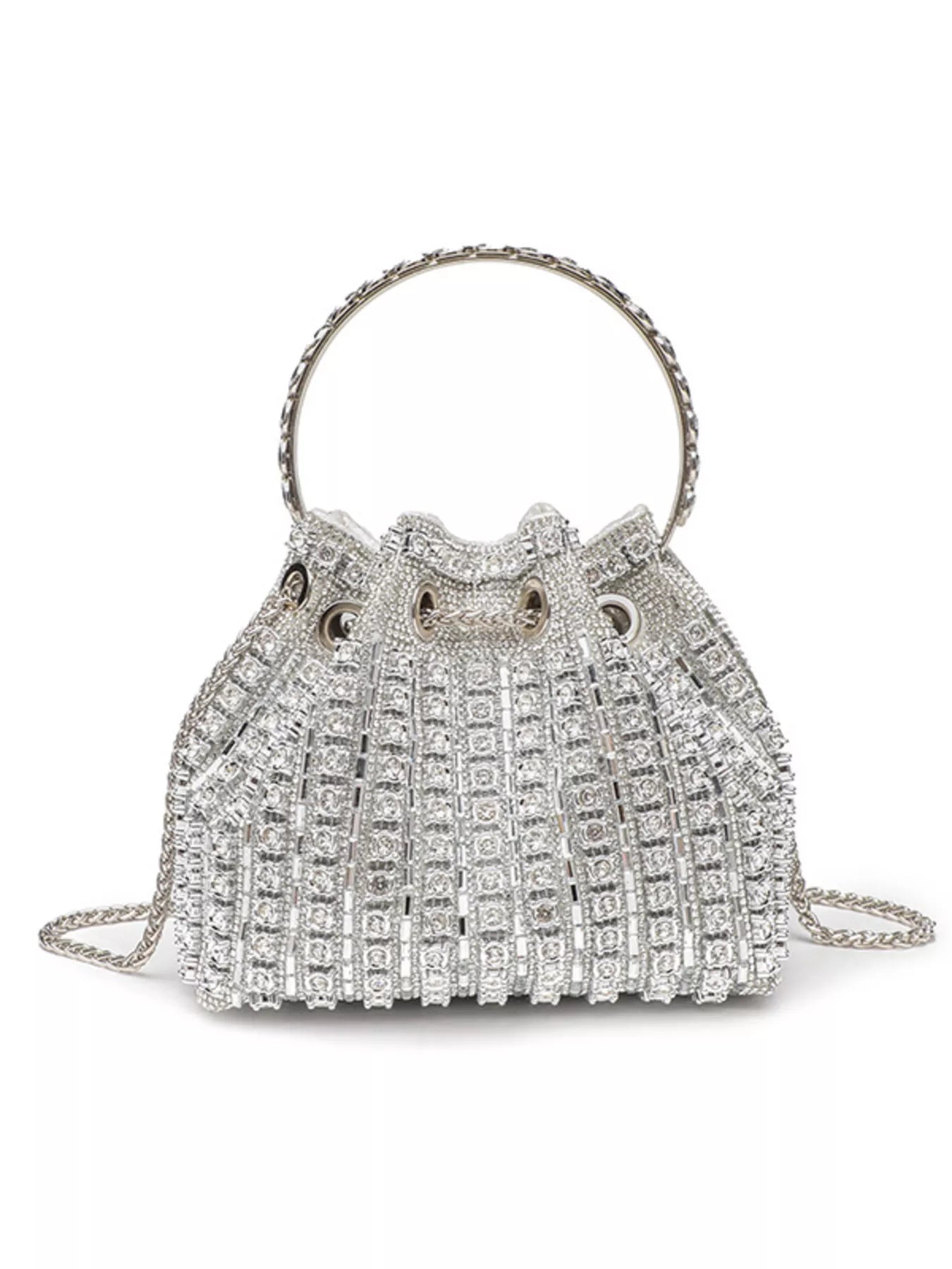 Silver beaded handbag on a white background