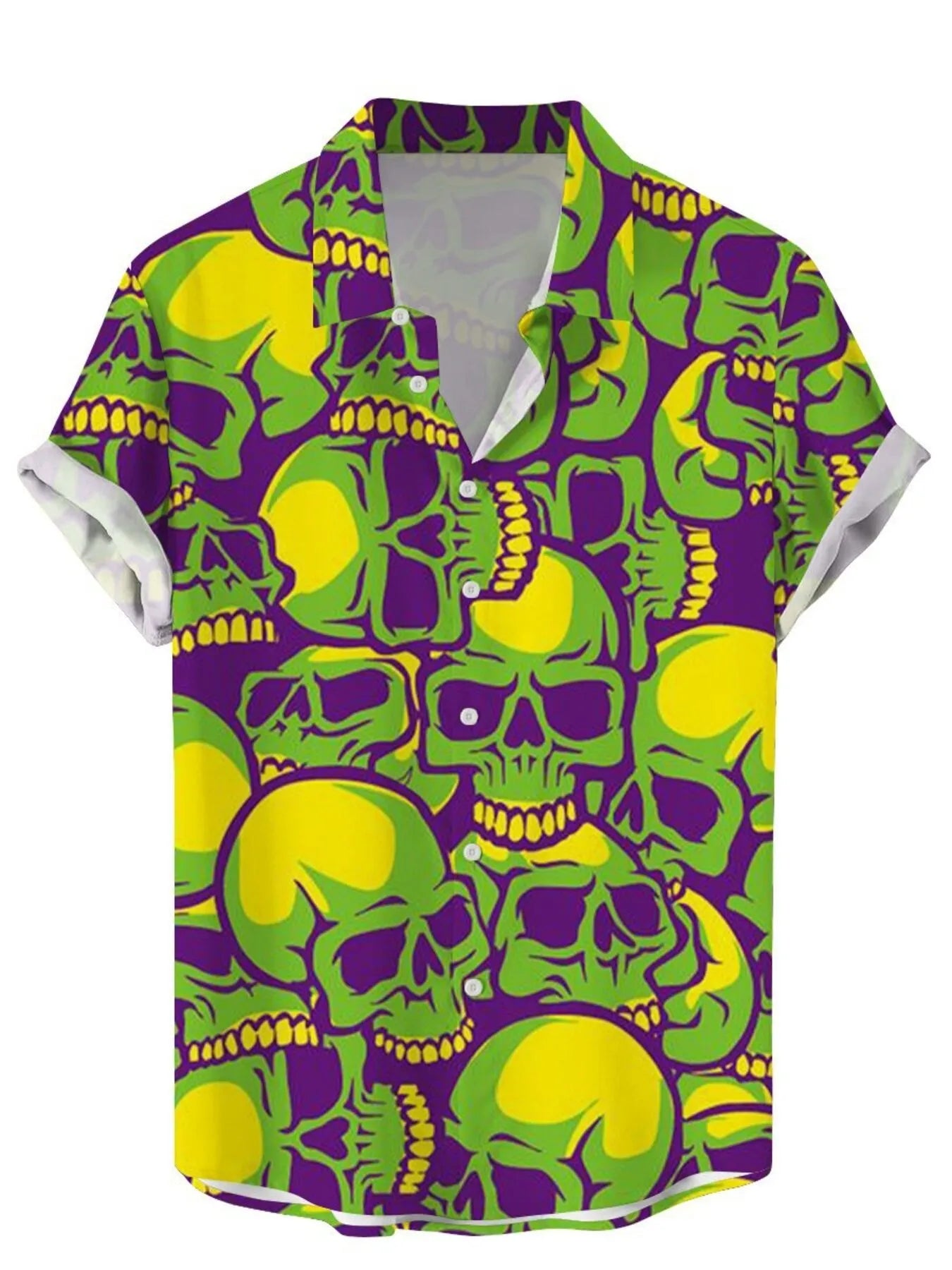 Short-sleeve shirt with green and purple skull pattern on a white background