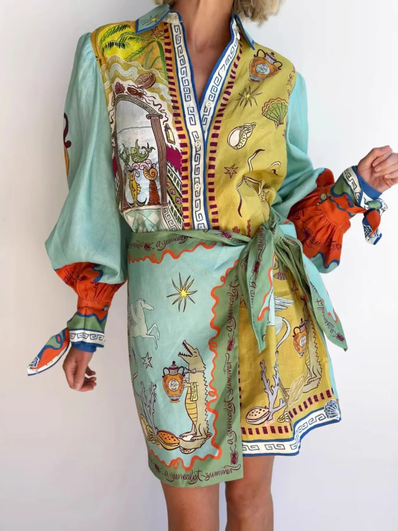 Colorful dress with a patterned design on a plain background