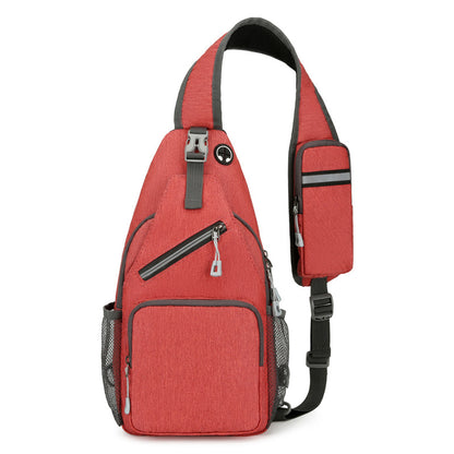Red sling bag with black accents on a white background