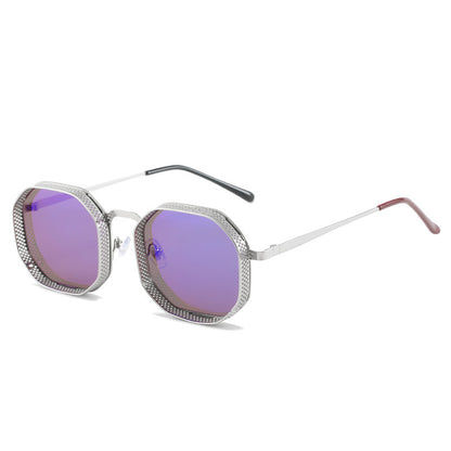 Sunglasses with purple lenses and silver frame on a white background