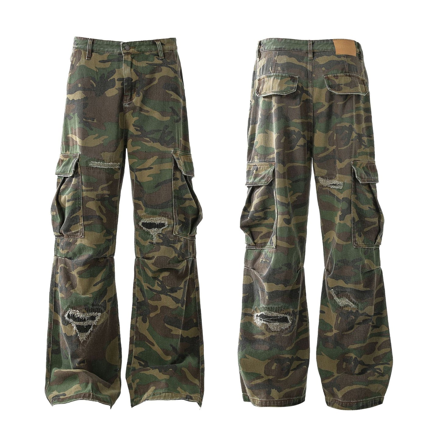 Pair of camouflage pants on a white background