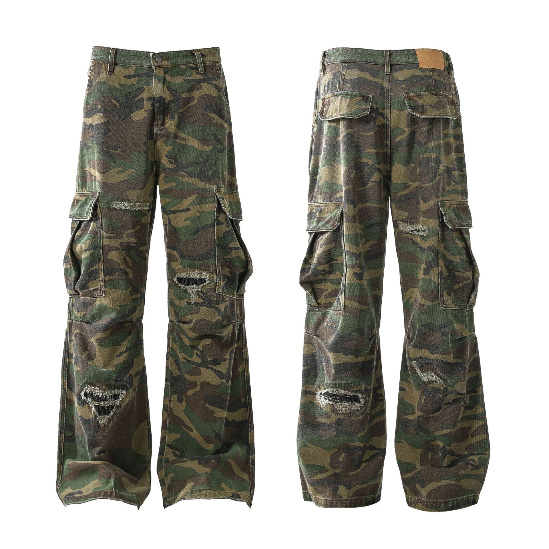 Pair of camouflage pants on a white background