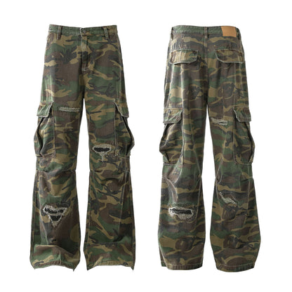 Pair of camouflage pants on a white background