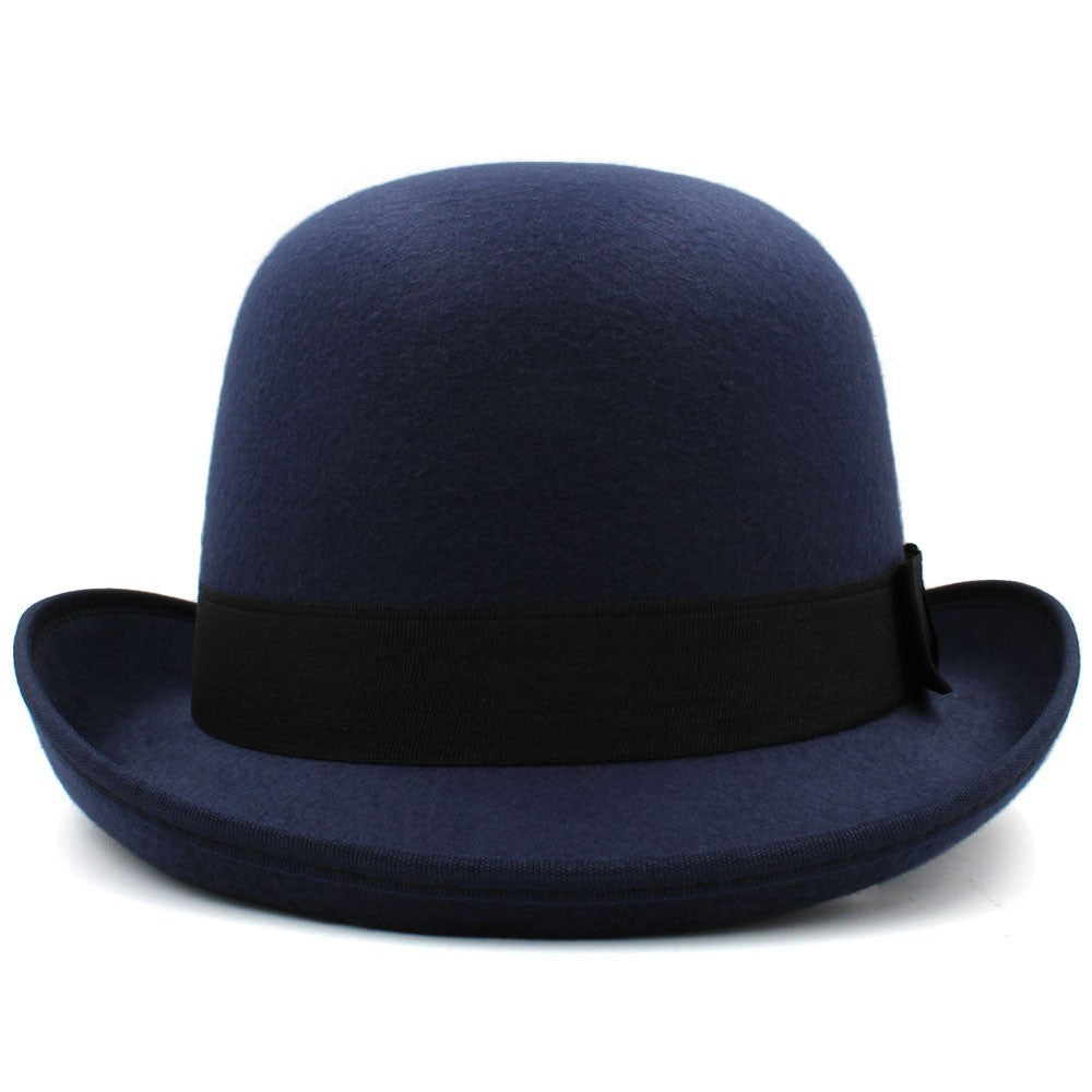 Navy blue bowler hat with a black band on a white background