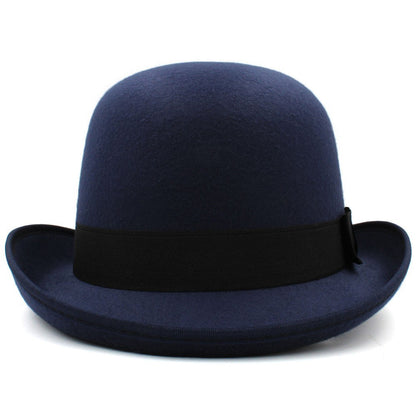 Navy blue bowler hat with a black band on a white background