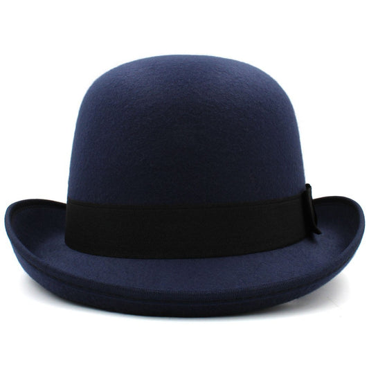 Navy blue bowler hat with a black band on a white background