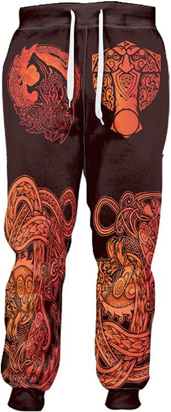 Black jogger pants with red and orange tribal designs on a black background