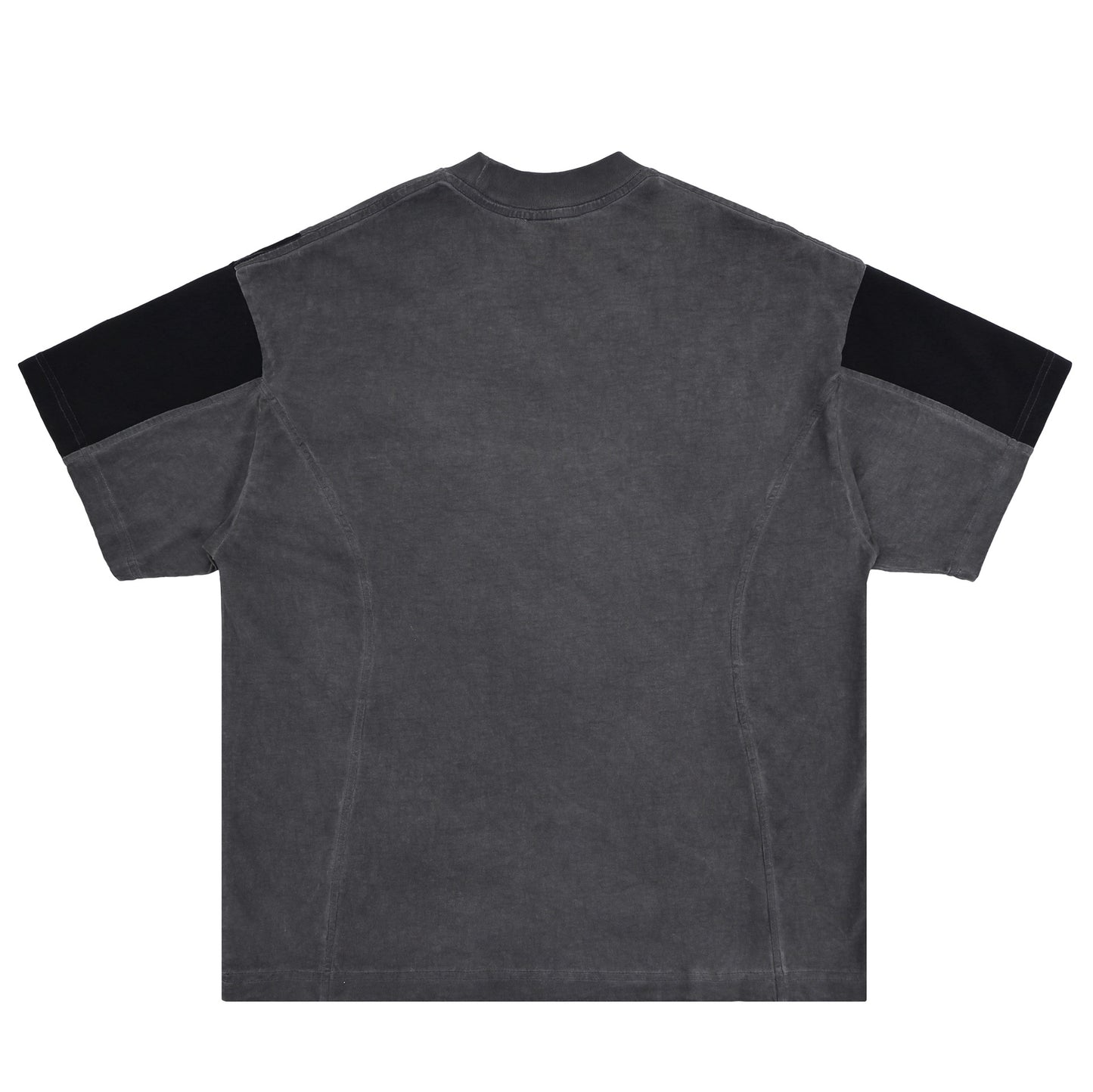 Gray t-shirt with black arm bands on a white background