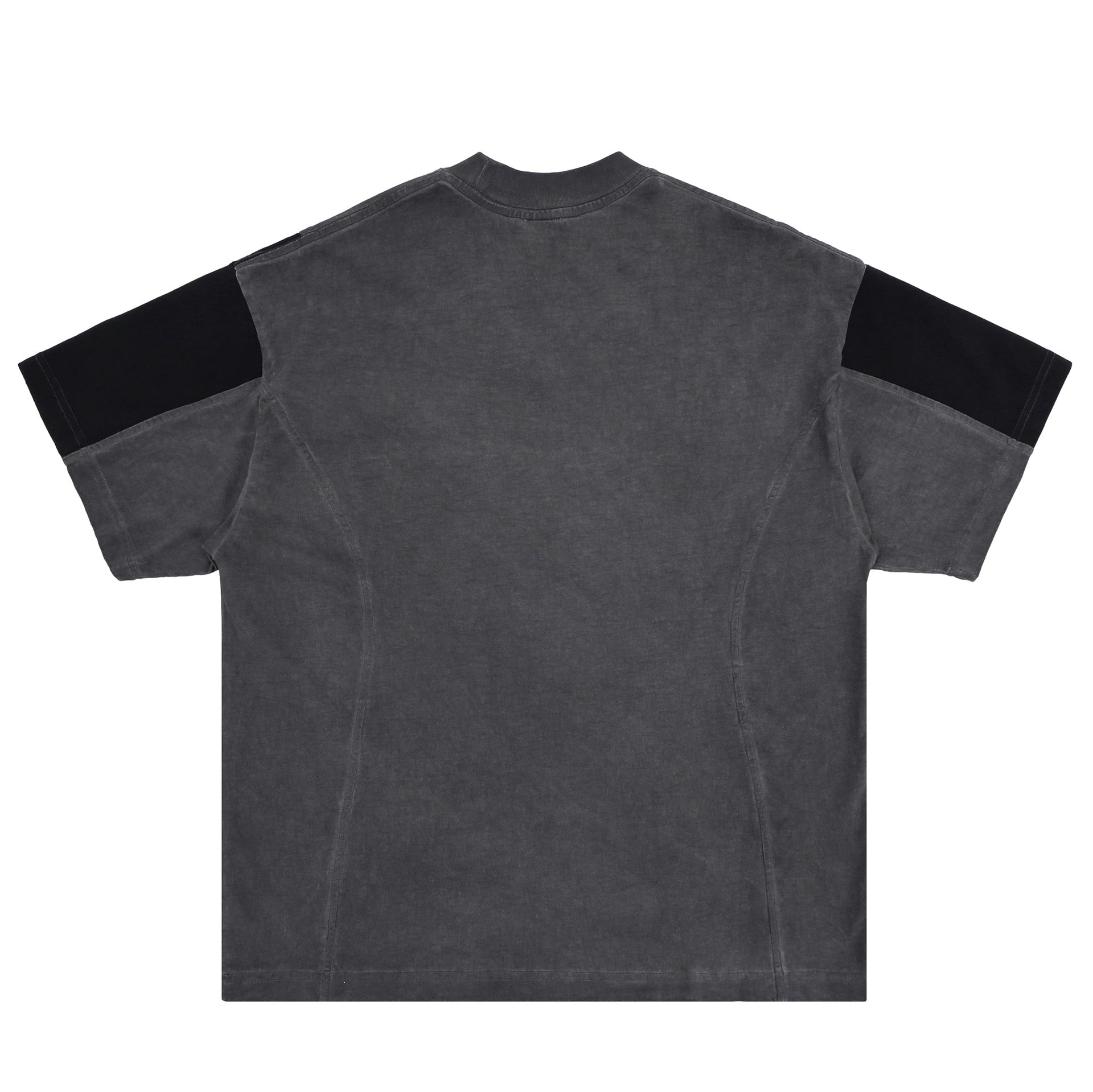Gray t-shirt with black arm bands on a white background