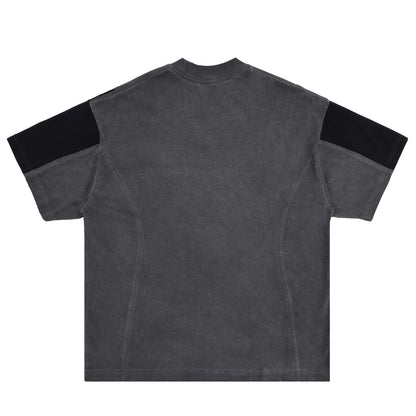 Gray t-shirt with black arm bands on a white background
