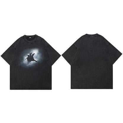 Black t-shirt with a graphic design on the front and back