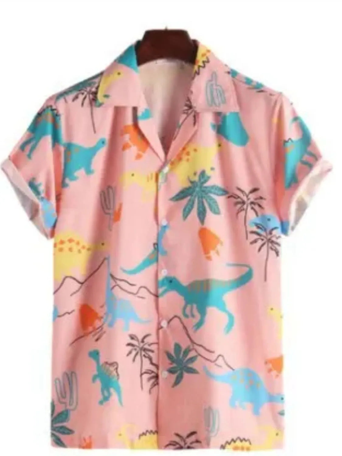 Short-sleeve shirt with dinosaur and palm tree pattern on a pink background