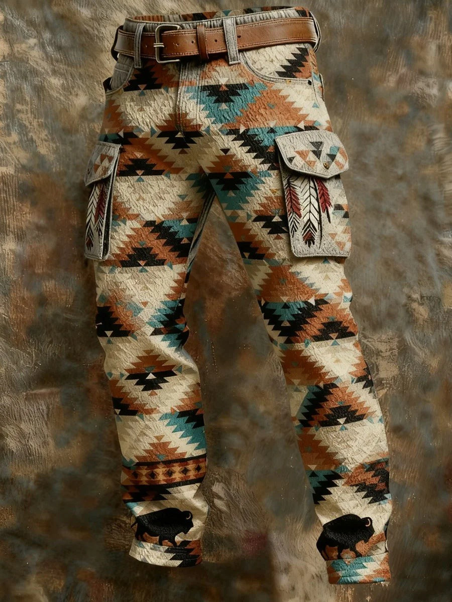 Patterned pants with a belt on a textured brown background
