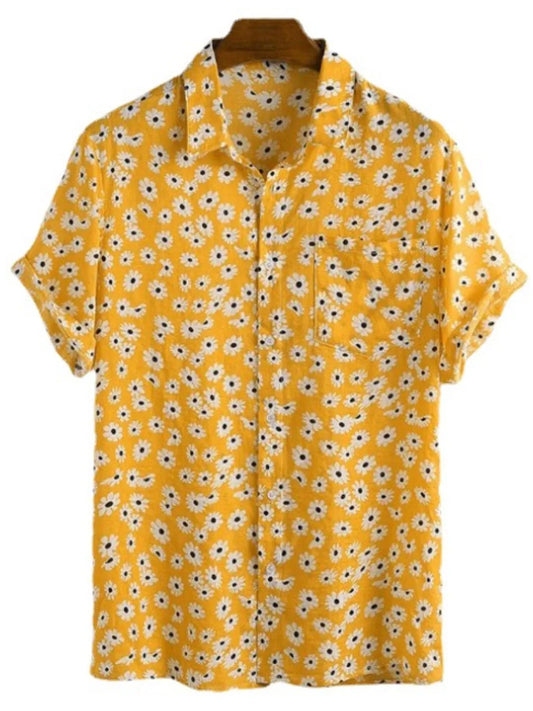 Yellow shirt with white floral pattern on a white background