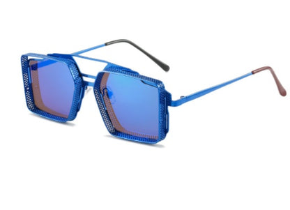 Blue sunglasses with a unique frame design on a white background
