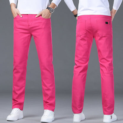 Pink pants shown from front and back on a gray background