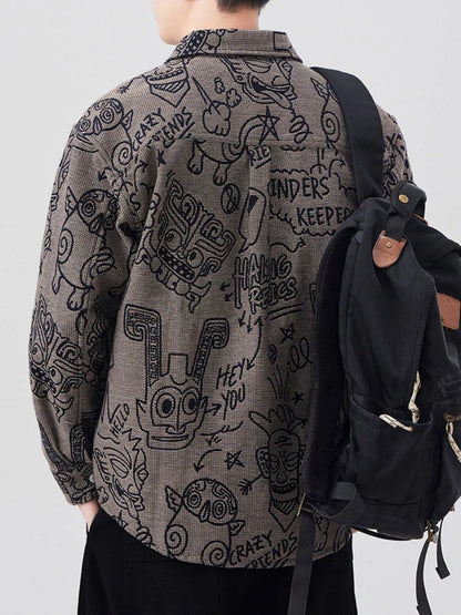Person wearing a patterned shirt with a black backpack on a plain background