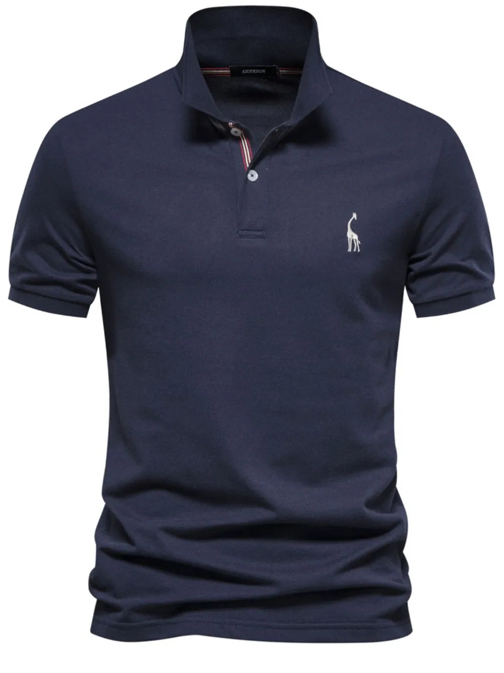 Navy blue polo shirt with a small logo on a white background