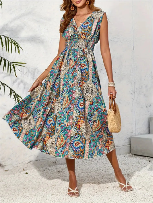 Woman wearing a colorful patterned dress with a white background