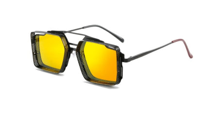Sunglasses with yellow lenses and black frame on a white background