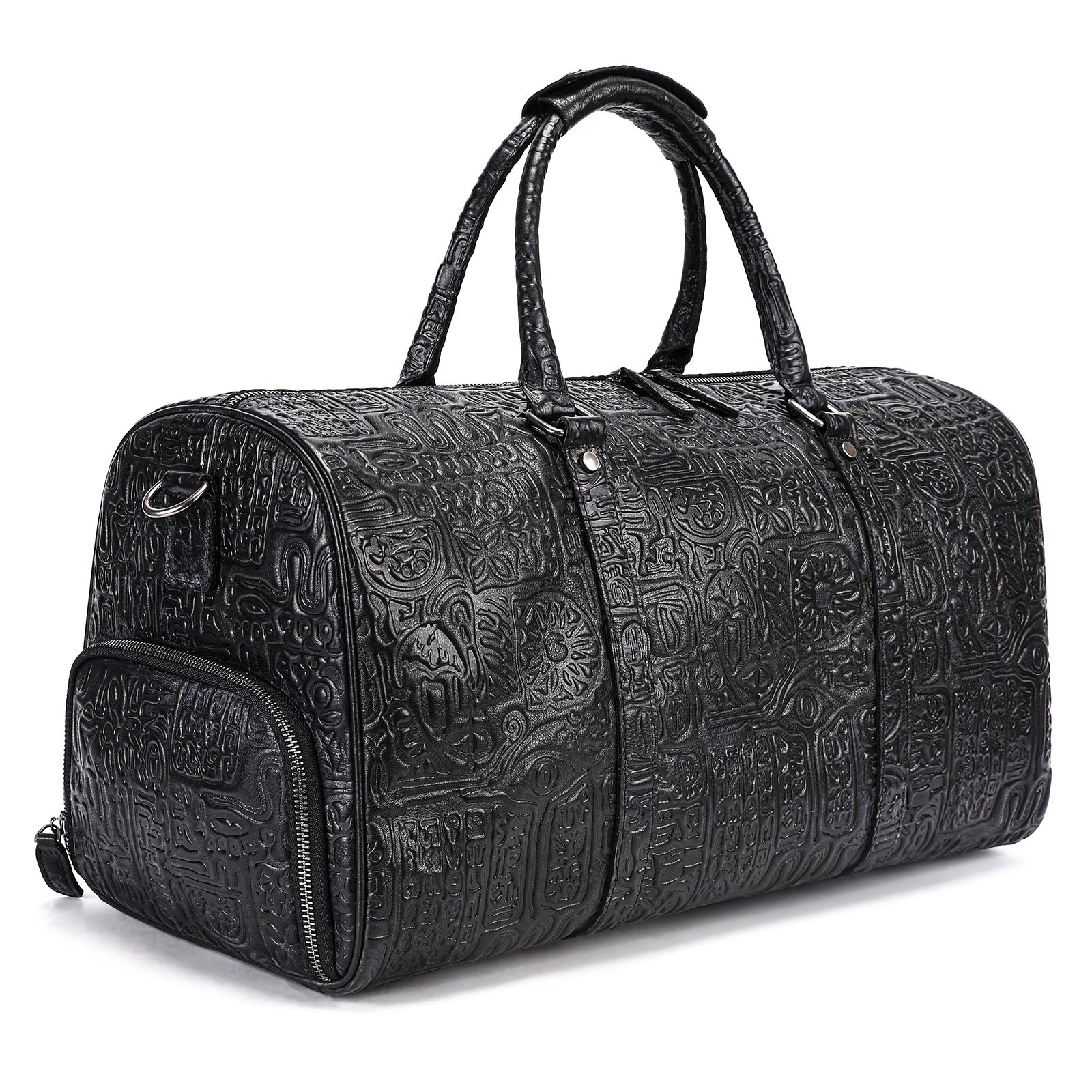 Black textured duffel bag on a white background