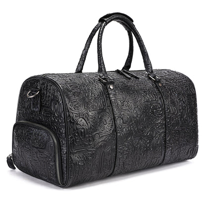 Black textured duffel bag on a white background