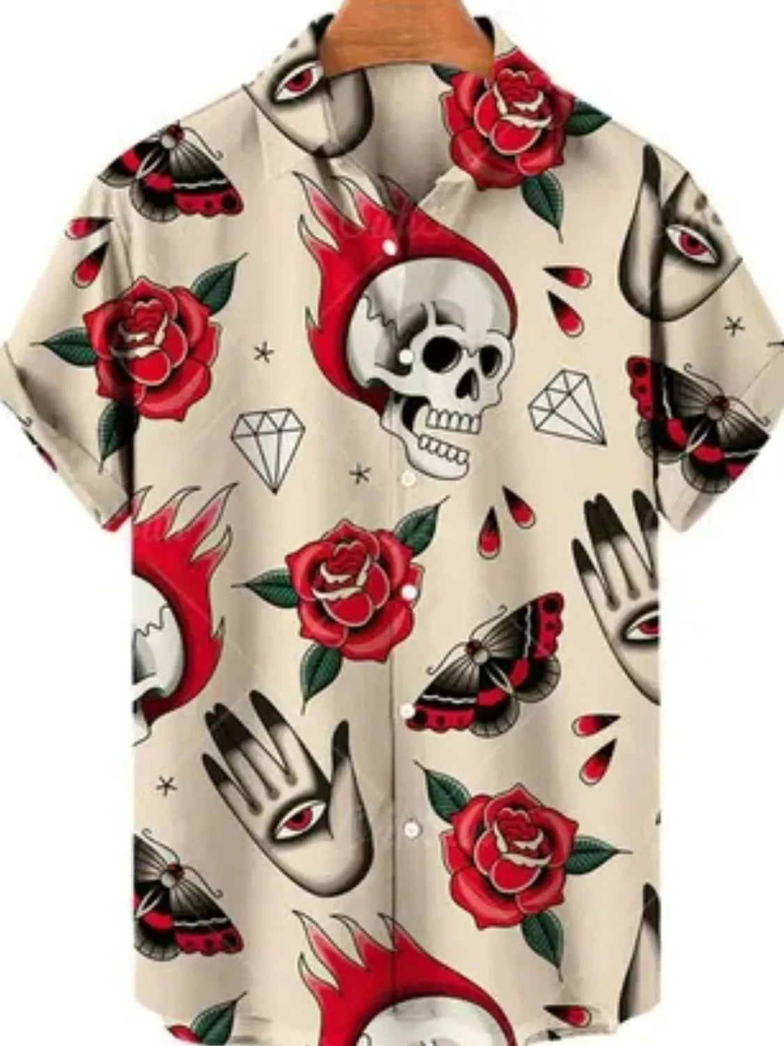 Shirt with skull, roses, and other designs on a beige background