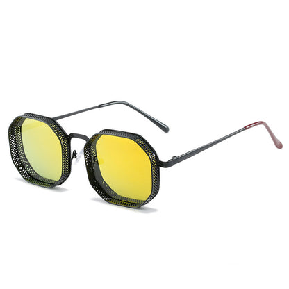 Sunglasses with yellow lenses and black frame on a white background