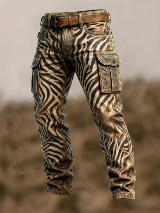 Zebra-striped cargo pants with a brown belt on a blurred background
