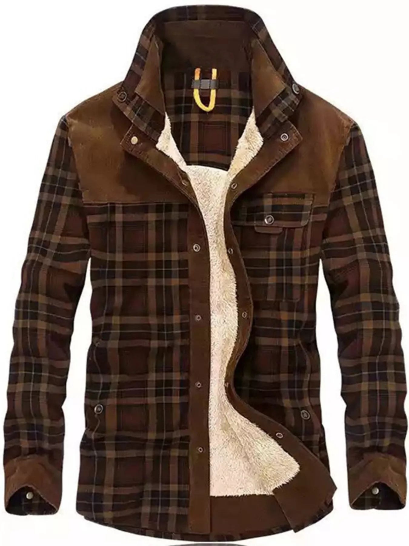 Brown plaid shirt with sherpa lining on a white background