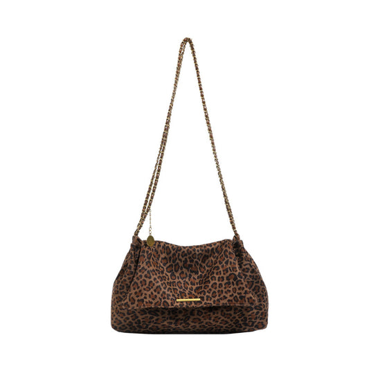 Leopard print handbag with a chain strap on a white background