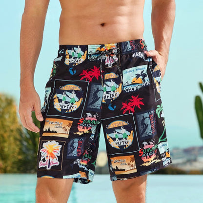 Person wearing colorful patterned shorts with a clear blue sky background
