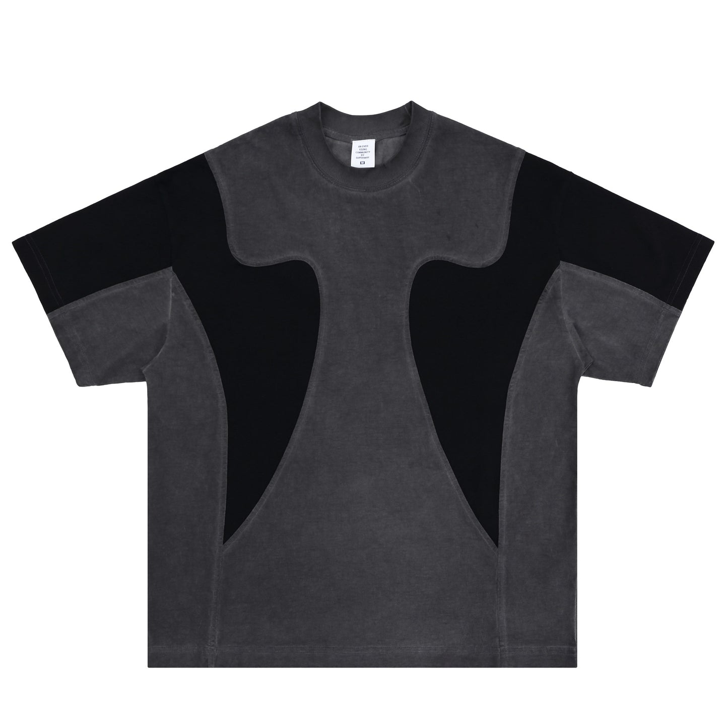 Black and gray t-shirt with a unique design on a white background