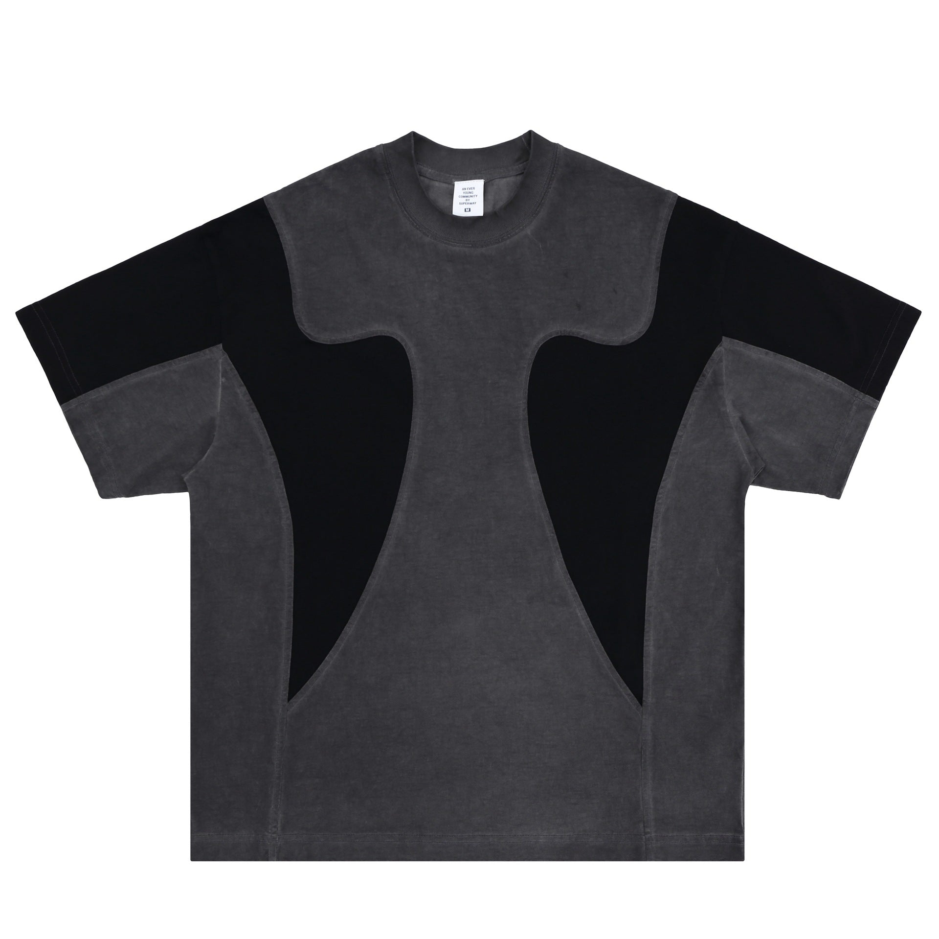 Black and gray t-shirt with a unique design on a white background