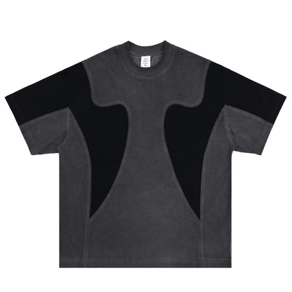 Black and gray t-shirt with a unique design on a white background