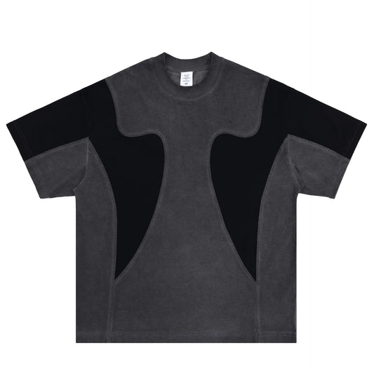 Black and gray t-shirt with a unique design on a white background