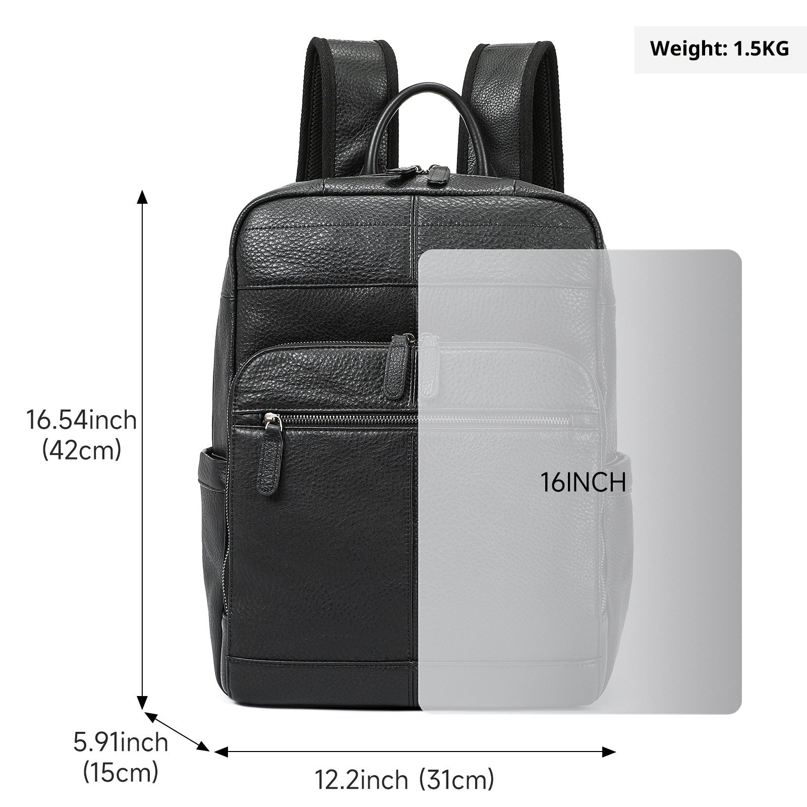 Black leather backpack with measurements and weight displayed