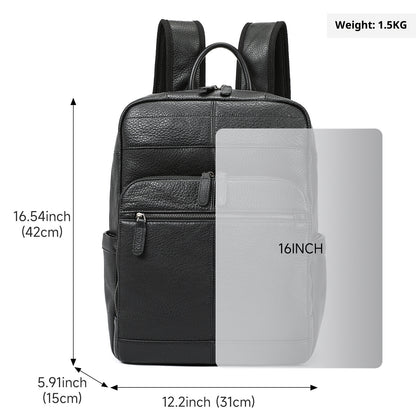 Black leather backpack with measurements and weight displayed