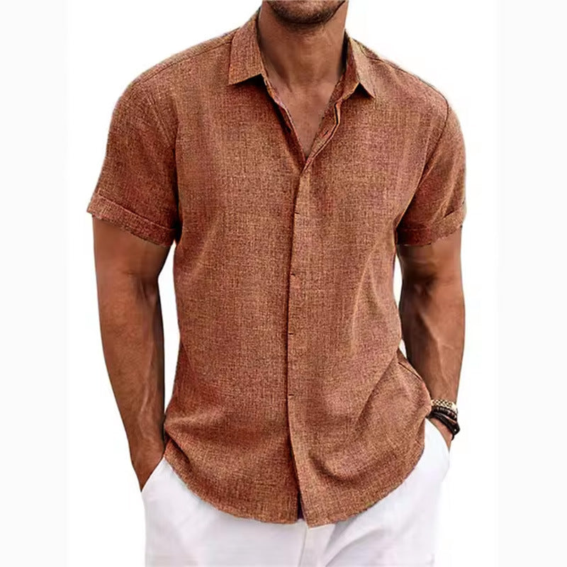 Man wearing a brown short-sleeve shirt on a white background